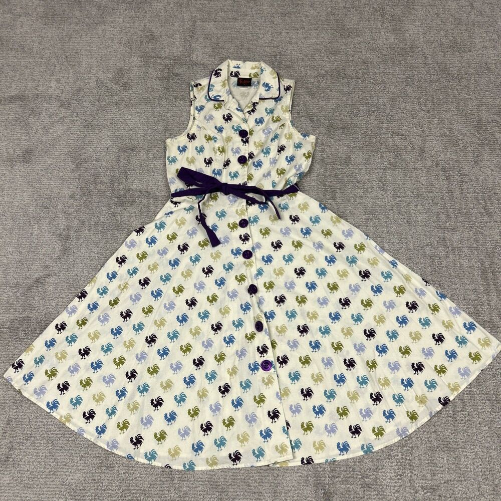 Folter Dress Womens Large Fit & Flare Tank Rooster Print Belted Button Front USA